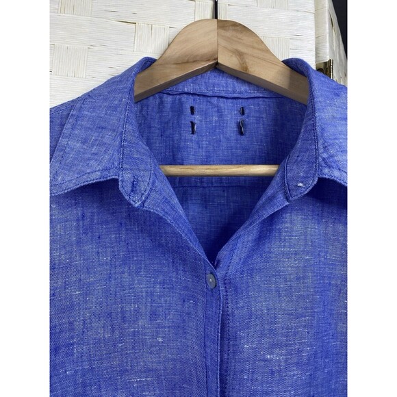 JNY Jones New York Womens Linen Button Down Shirt Sz Medium Blue Roll-Tab - Picture 8 of 11
